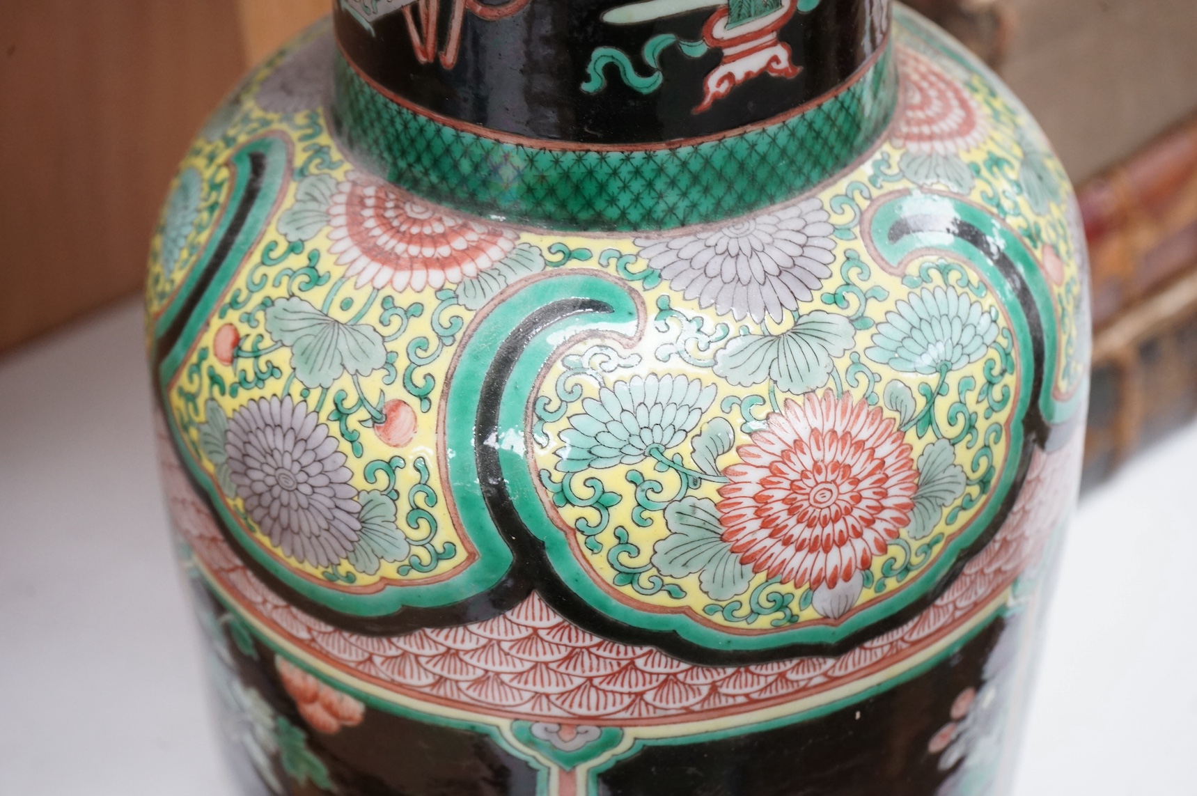 An early 20th century Chinese famille noir vase, 44.5cm. Condition - poor to fair